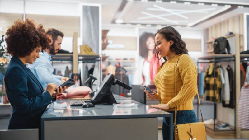 Clothing Store Checkout Cashier Counter: Woman and Male Retail Sales Managers Accept NFC Credit Card Payment from a Young Stylish Female Customer for New Stylish Clothes.