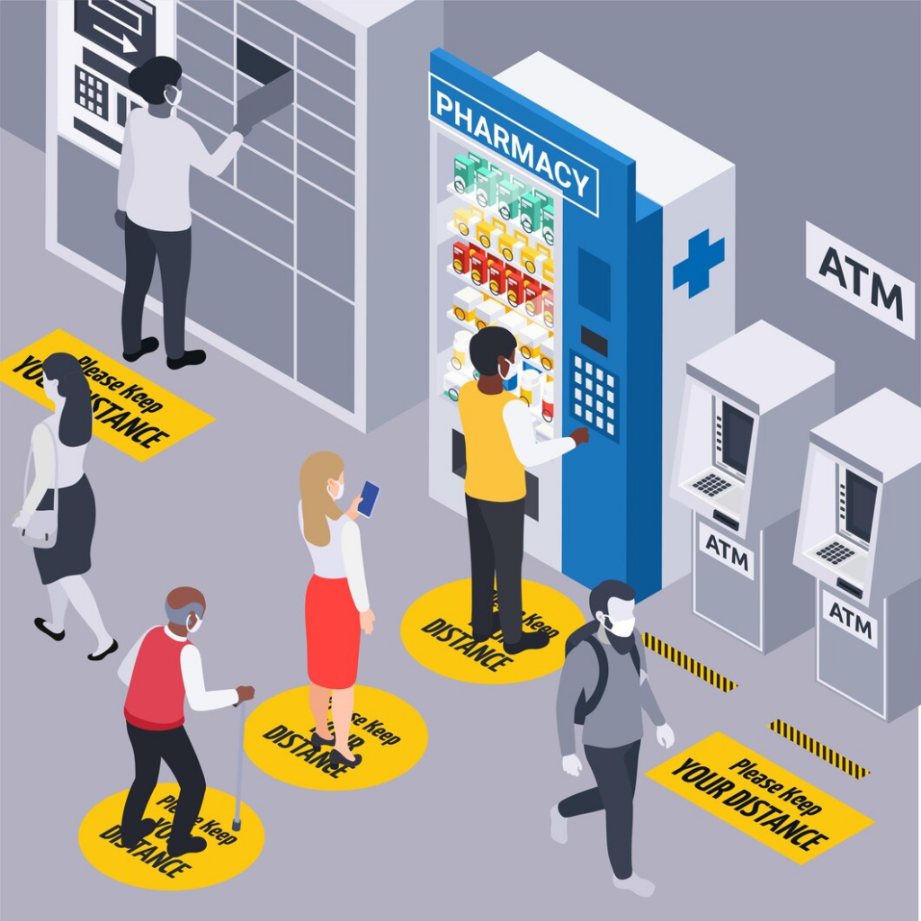 illustration of patient using vend machine for medicines